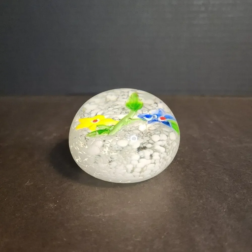 Vtg Art Glass Yellow Blue Flowers Snow Globe 2.5